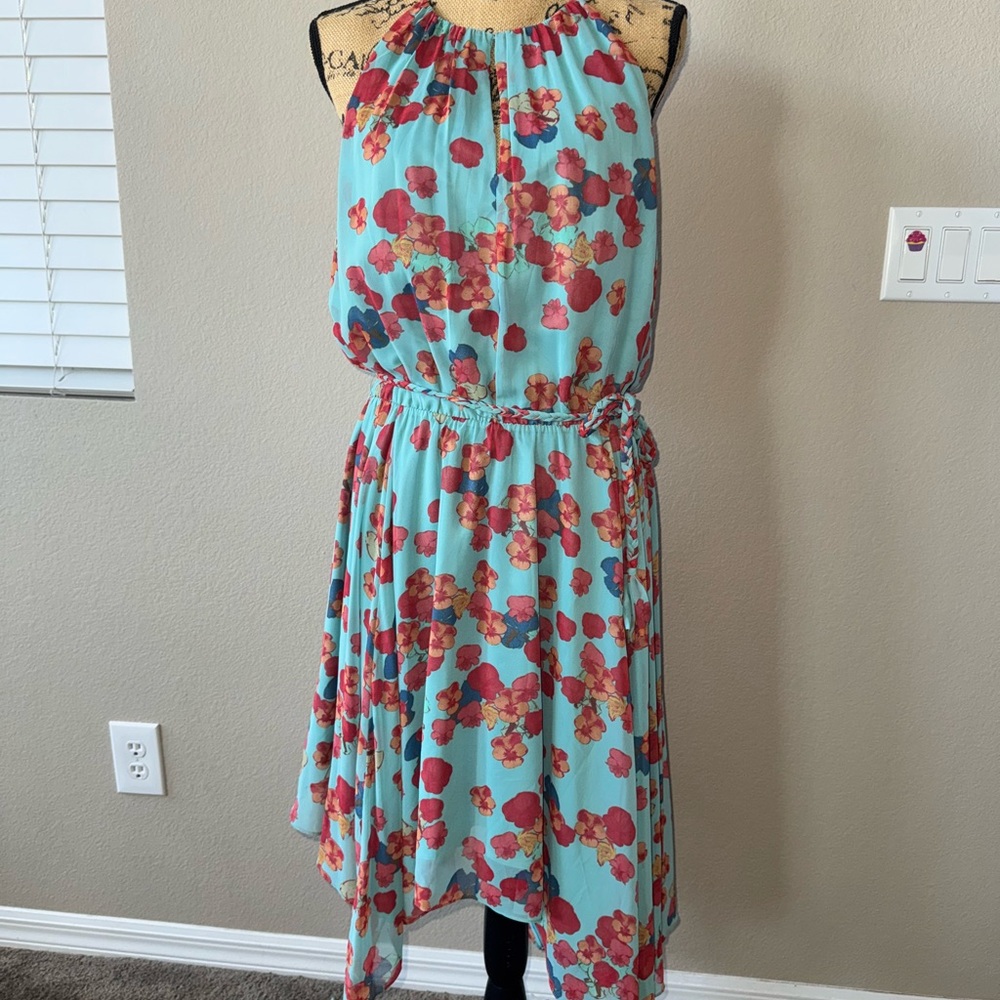 Jessica Simpson Asymmetrical Floral Dress - Aqua and Red